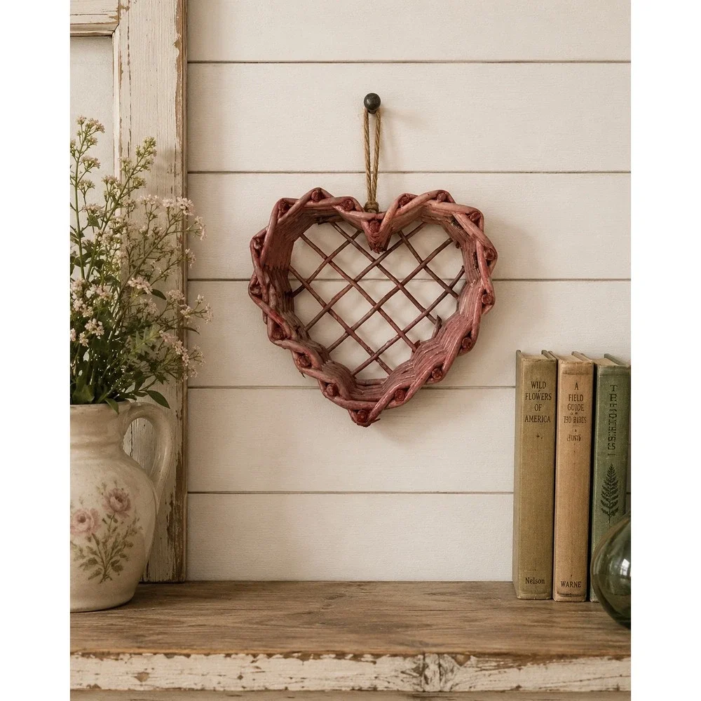 Vintage Pink Woven Wicker Heart Basket Lattice Wall Decor 8x7 Cottagecore